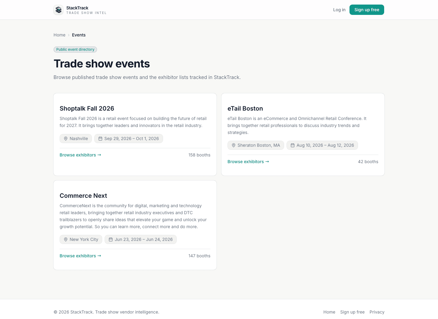 StackTrack public trade show events directory with exhibitor counts