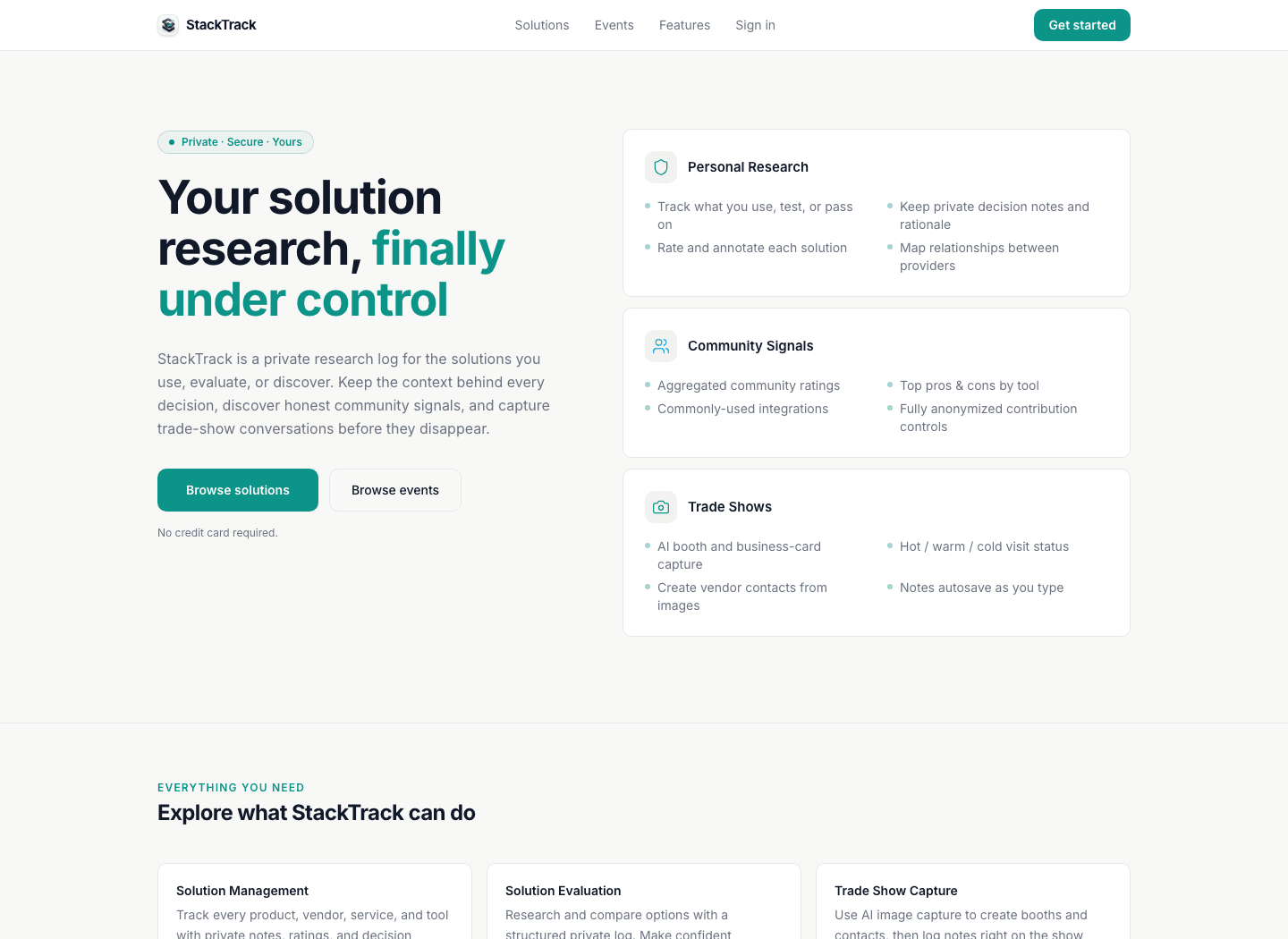 StackTrack homepage showing private research, community signals, and trade show features