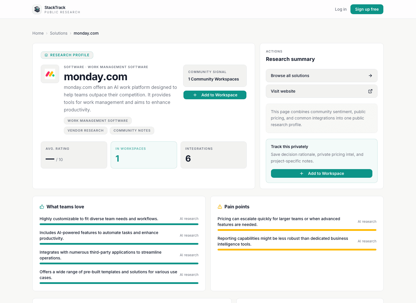 A StackTrack public solution profile with research summary, pros, cons, and integrations