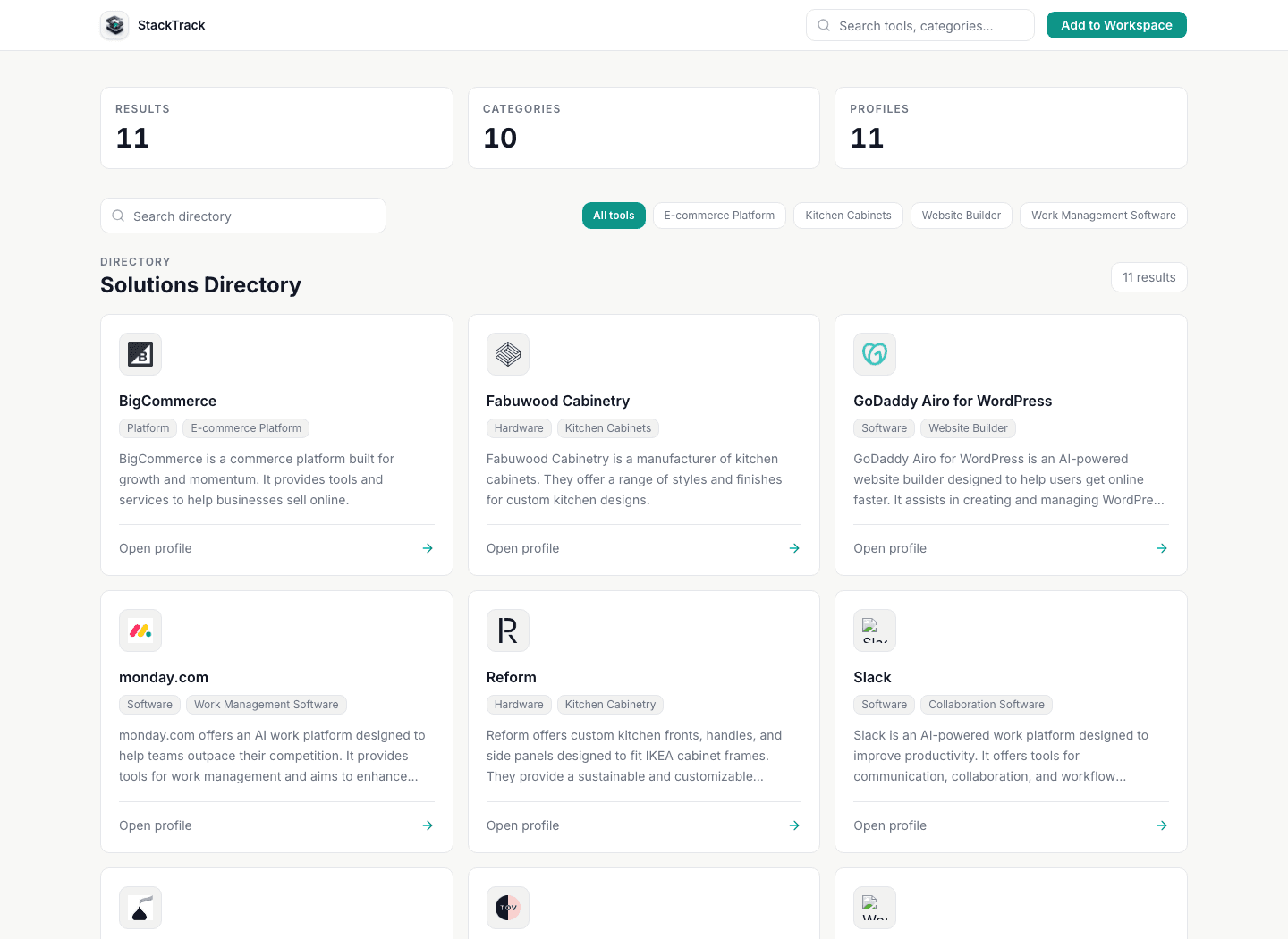 StackTrack solutions directory with solution cards and categories